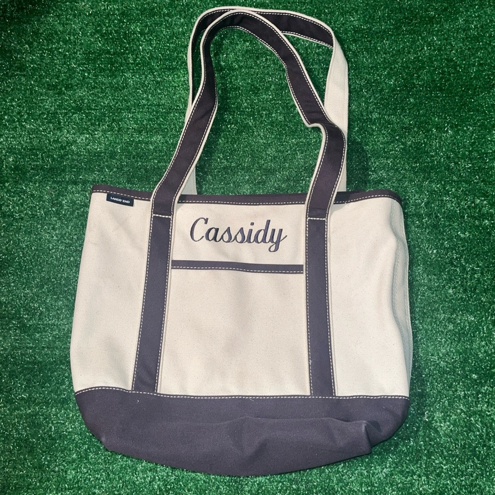 Lands' End Cream and Blackish Canvas Tote CASSIDY EMBROIDERED